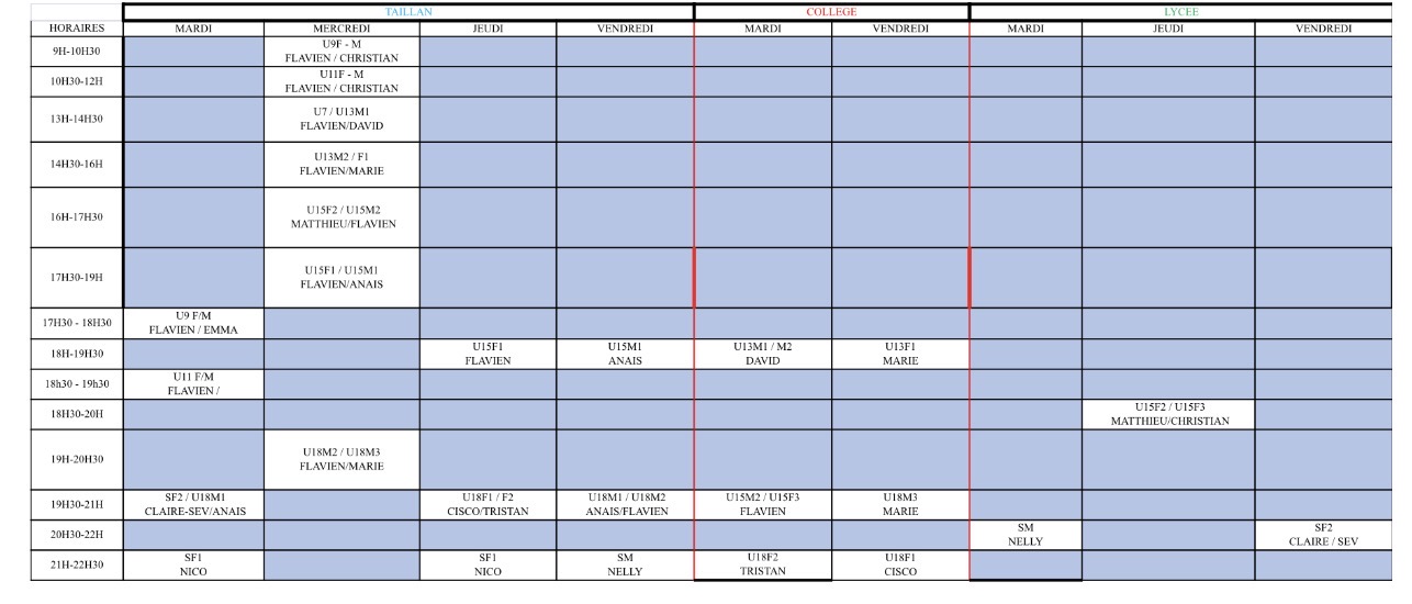 Planning entraînement
